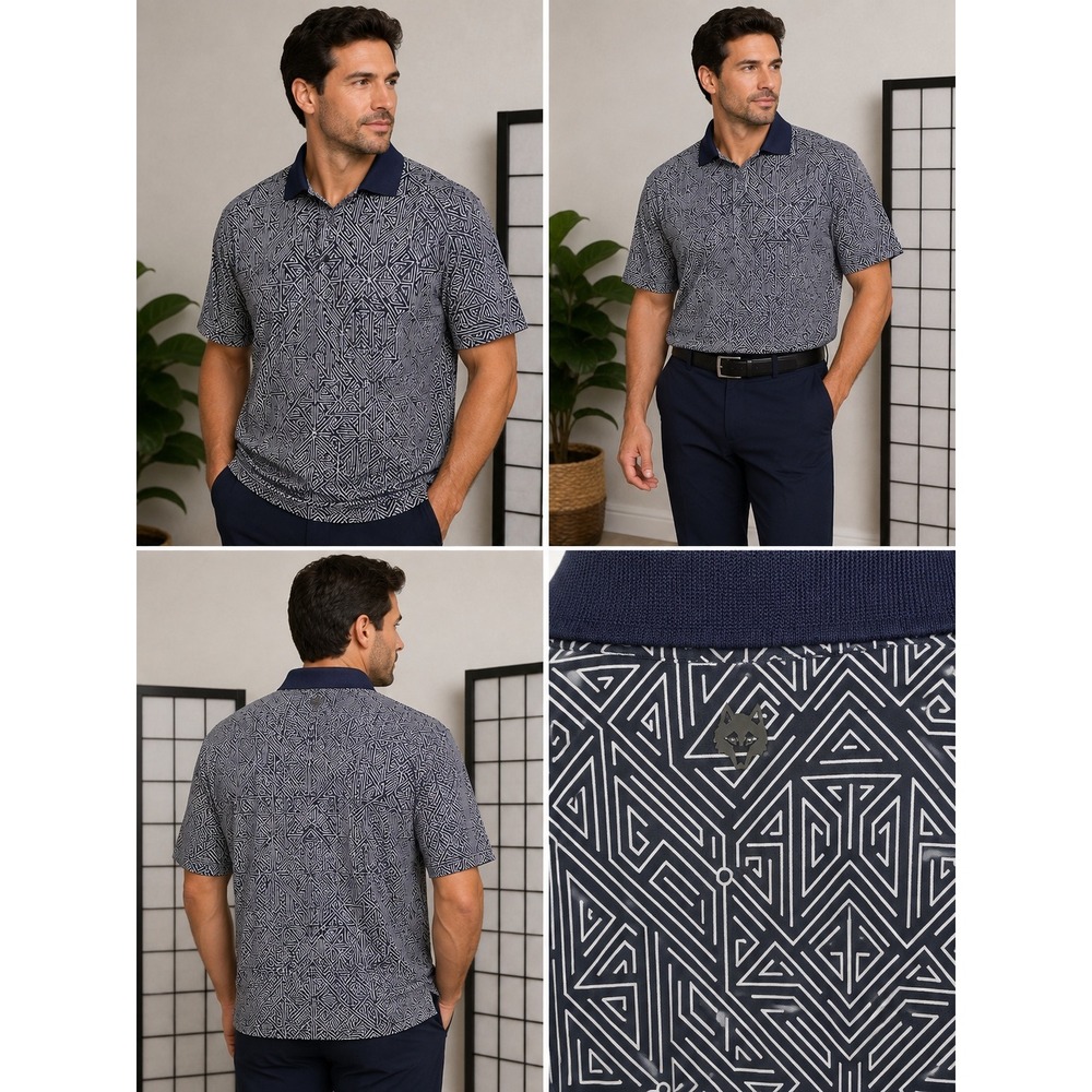 NWOT Greyson Golf Polo Men's XL Navy White Geometric Print Performance Shirt
